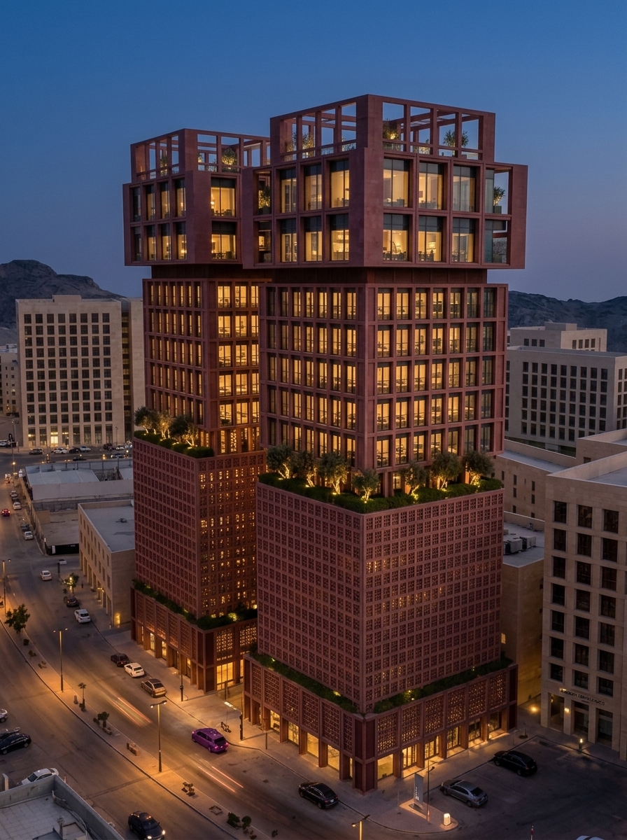 Blue-hour tower, mashrabiya glow