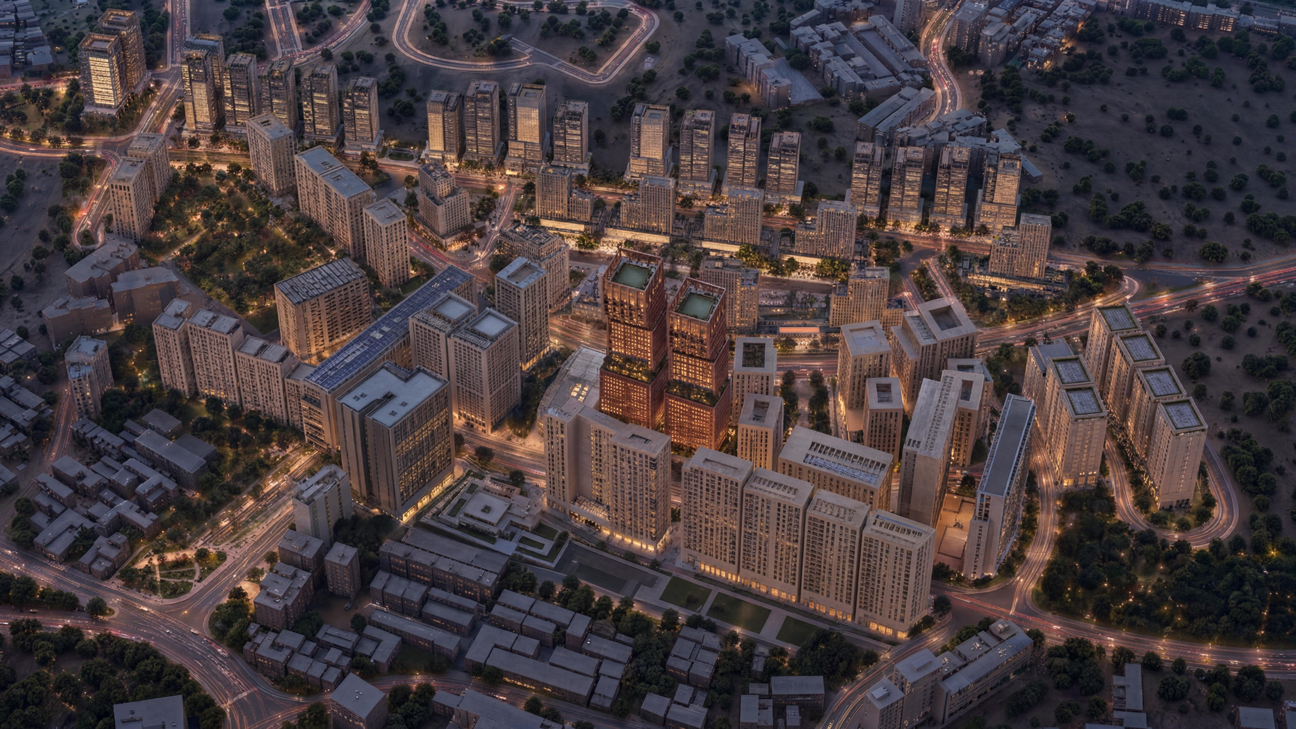 Dusk district aerial over the Thakher ridge