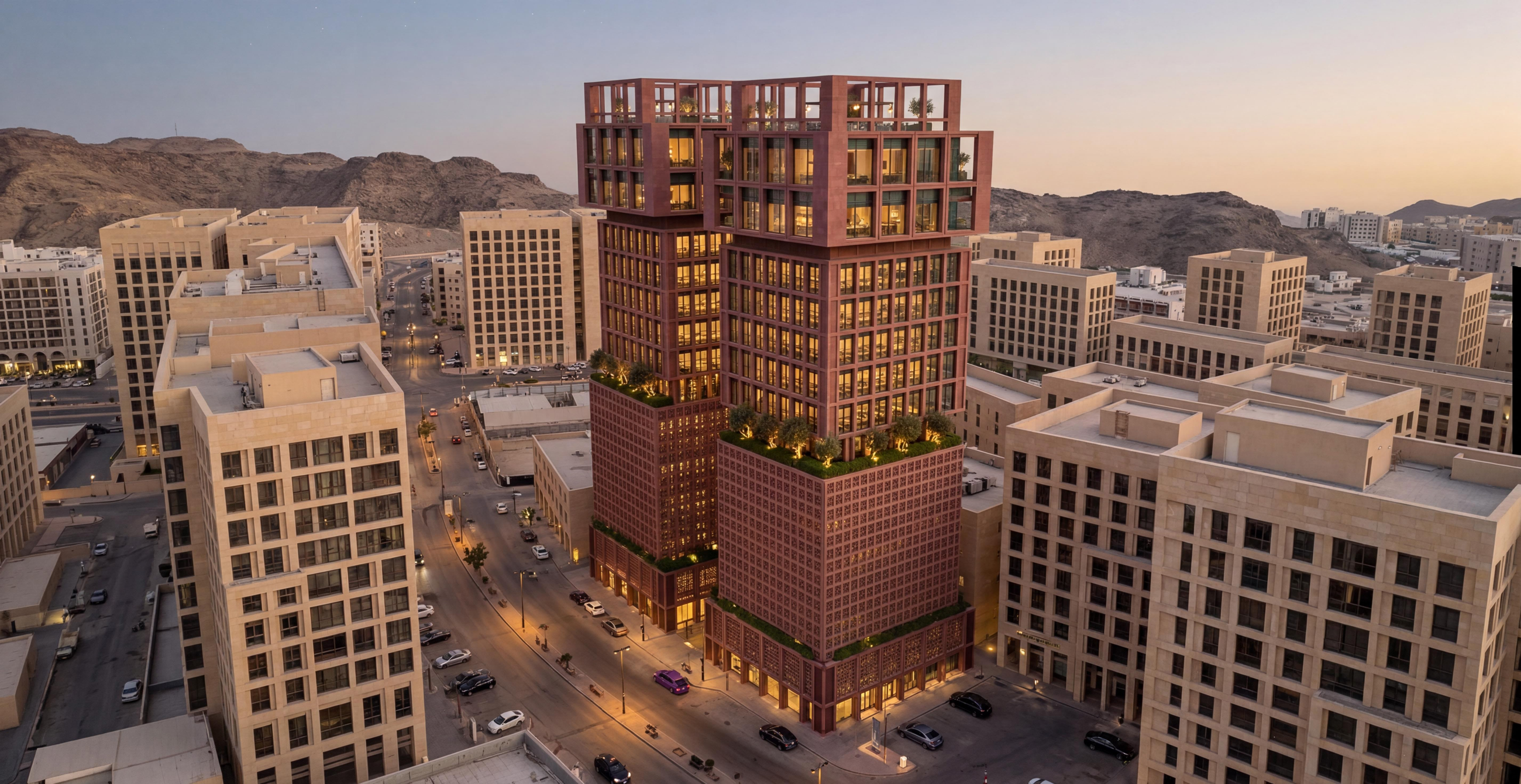 Mid-height aerial — the pair in the district
