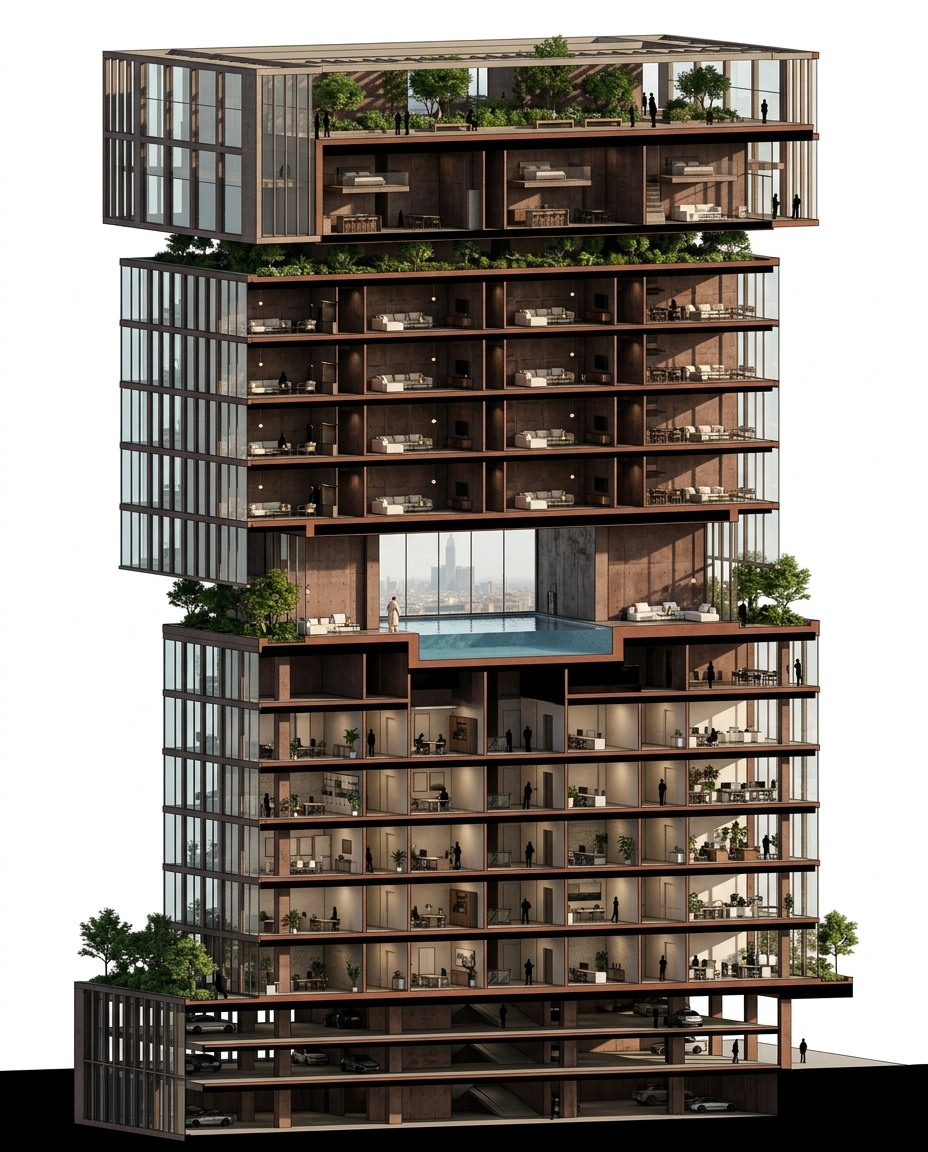 Photoreal cutaway section — pool mid-tower, garden seams, duplexes, crown