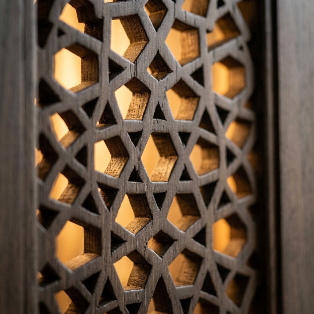 Mashrabiya lattice macro — smoked oak