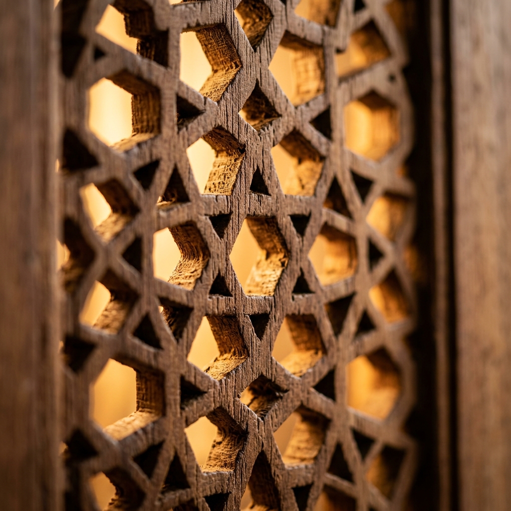 Mashrabiya lattice macro — walnut